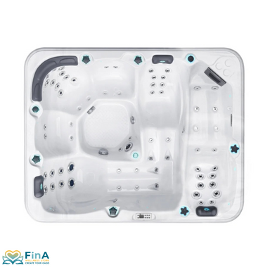 Repose Whirlpool von Passion Spas in Draufsicht – 6 ergonomische Plätze mit 62 Massagedüsen, LED-Beleuchtung und Acrylwanne mit Fina Branding