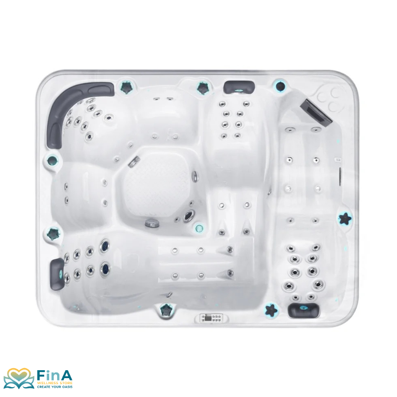 Repose Whirlpool von Passion Spas in Draufsicht – 6 ergonomische Plätze mit 62 Massagedüsen, LED-Beleuchtung und Acrylwanne mit Fina Branding
