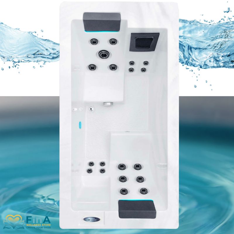 Whirlpool Passion Spas Serene 2 aus der Vogelperspektive – kompakter Spa für 2 Personen mit ergonomischen Liegeflächen und gezielter Massagedüsenanordnung.