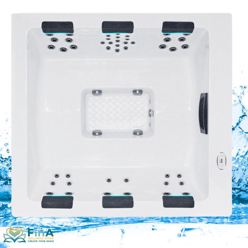 Passion Spas Serene 6 Whirlpool – Vogelperspektive des weißen Whirlpools mit sechs Kopfstützen und integrierten Massagedüsen, modernes Design für sechs Personen