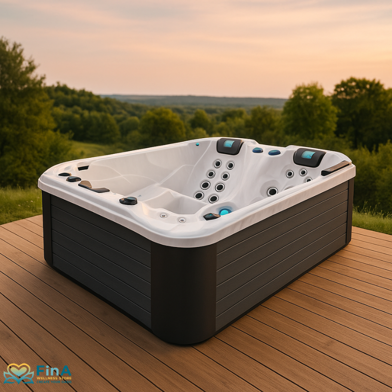 Soulmate Whirlpool von Passion Spas auf Holzterrasse in Naturkulisse – kompakter 3-Personen-Spa mit zwei Liegen, LED-Beleuchtung und stilvoller Acrylwanne