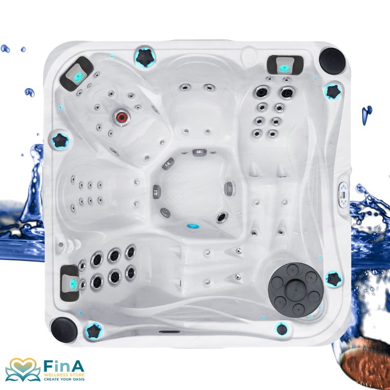 Vogelperspektive auf den Passion Spas Admire Whirlpool mit sechs Plätzen, LED-Elementen und Massagedüsen – dargestellt vor dynamischem Wassersplash-Hintergrund.