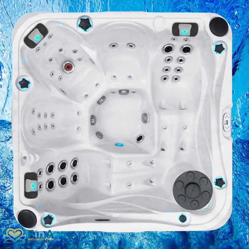 Vogelperspektive auf den Passion Spas Delight Whirlpool in abstrakter Wasserumgebung – klar strukturiertes Sitz- und Düsensystem mit eleganter Acryloberfläche und modernen LED-Elementen.