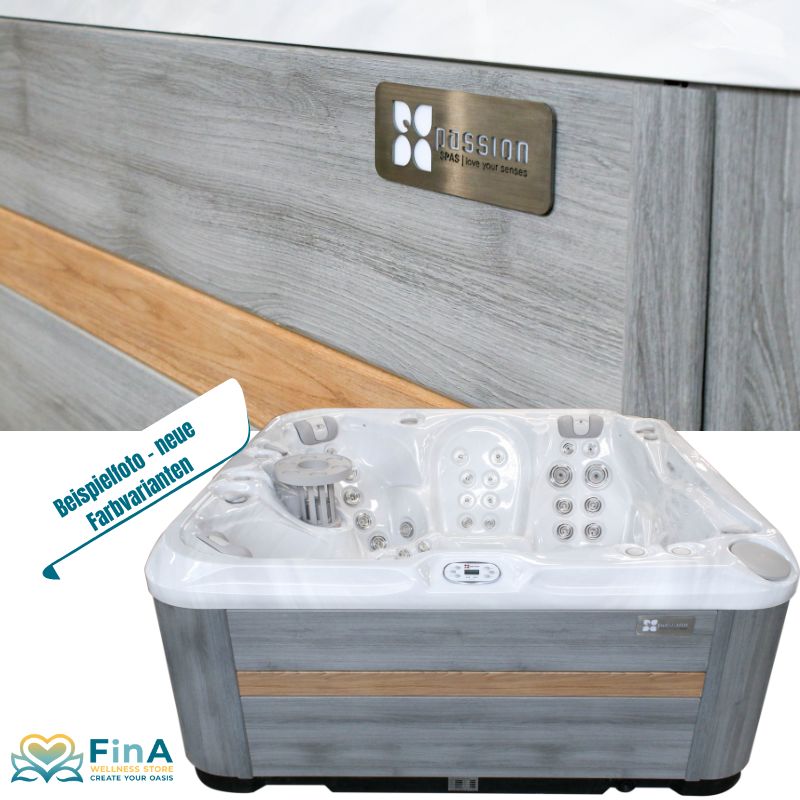 Passion Spas Whirlpool mit neuer Verkleidungsfarbe Mystic Mountain Grey und Oak Trim – Beispielbild mit Detailansicht der Seitenverkleidung und Whirlpool-Ecke, moderne Holzoptik, Hinweis auf neue Farbvarianten.