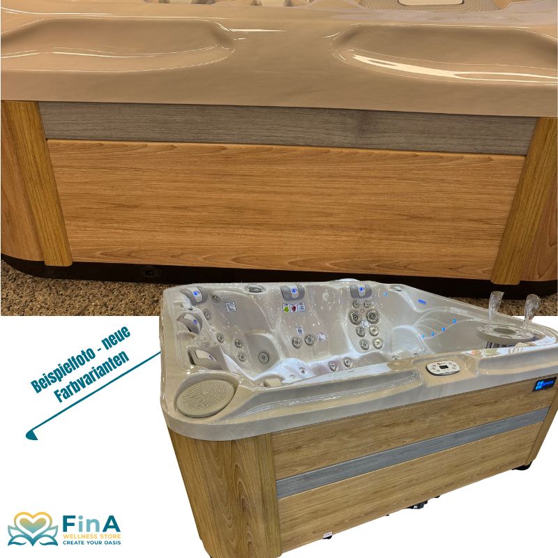 Passion Spas Whirlpool in neuer Verkleidungsfarbe Mystic Mountain Oak mit Grey Trim – Beispielbild mit Detailansicht der Seitenverkleidung und Whirlpool mit LED-Beleuchtung und Steuerung, Hinweis auf neue Farbvarianten.