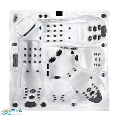 Onyx Premium Whirlpool von Platinum Spas – Draufsicht in Sterling Silver mit 90 Hydrojets, 2 Loungern und ergonomischer Sitzanordnung