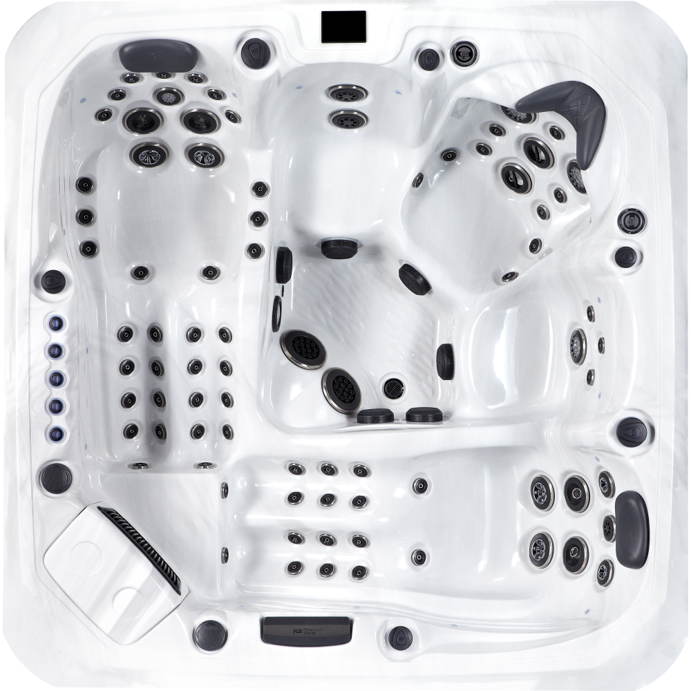 Platinum Spas Barcelona Hot Tub – Draufsicht auf 5-Sitzer Whirlpool mit 86 strategisch platzierten Massagedüsen und ergonomischem Layout
