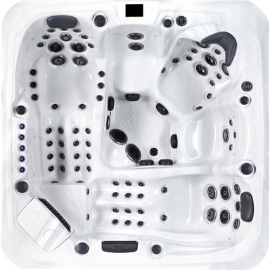 Platinum Spas Barcelona Hot Tub – Draufsicht auf 5-Sitzer Whirlpool mit 86 strategisch platzierten Massagedüsen und ergonomischem Layout