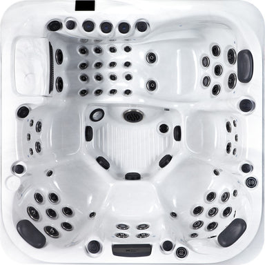 Draufsicht auf den Platinum Spas Florence Luxury Hot Tub mit 67 unterschiedlich großen Massagedüsen, ergonomischem Lounger und vielseitigen Sitzplätzen – stilvoller Spa-Komfort für bis zu 6 Personen.