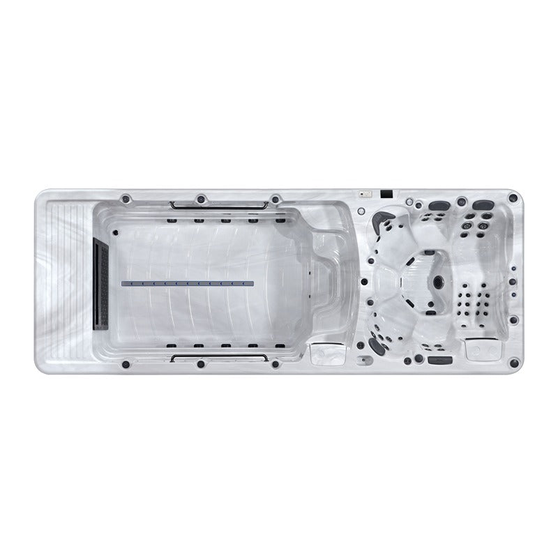 Draufsicht auf den Platinum Spas Helios Pro Swim Spa mit separatem Schwimmbereich und Whirlpool-Zone