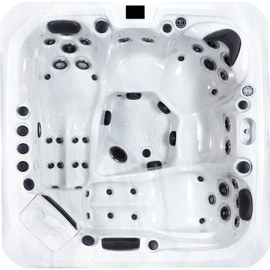 Draufsicht auf den Platinum Spas Kenya Hot Tub mit klarer Sitz- und Lounger-Anordnung, präzise platzierten Massagejets und strukturierter Bodenfläche – durchdachtes Design für ganzheitliche Entspannung.