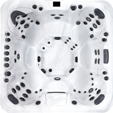 Draufsicht auf den Platinum Spas Oslo Hot Tub mit sieben Sitzplätzen und 64 präzise angeordneten Massagedüsen – großzügiger Innenraum für stilvolle Gruppenentspannung.