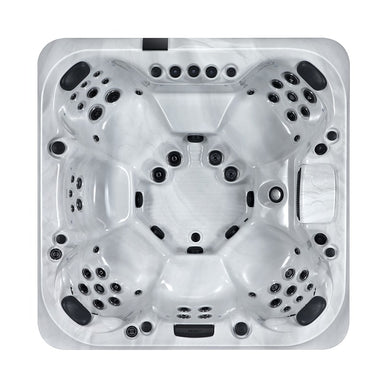 Draufsicht auf den Platinum Spas Palermo Luxury Hot Tub mit symmetrischem Layout, 61 Massagedüsen und ergonomischen Sitzplätzen für bis zu 6 Personen.