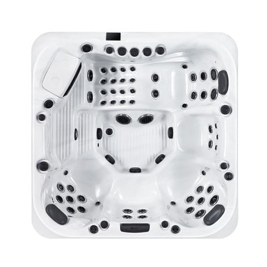 Draufsicht auf den Platinum Spas Positano Luxury Hot Tub mit 62 Düsen, ergonomischem Lounger und vielseitigen Sitzplätzen – luxuriöses Whirlpool-Layout für 6 Personen