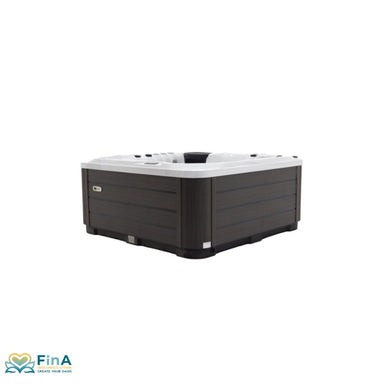 Platinum Spas Refresh Whirlpool für 6 Personen in moderner Seitenansicht mit dunkler Verkleidung und weißem Acrylbecken