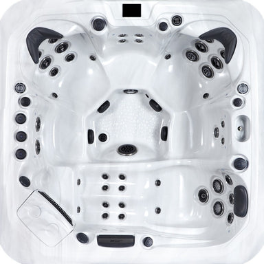 Draufsicht des Platinum Spas Santorini Whirlpools – mit ergonomischer Sitzanordnung, Liegefläche, zahlreichen Massagedüsen und strukturierter Bodenfläche