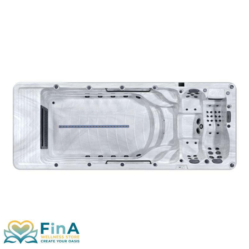 Draufsicht auf den Platinum Spas Zelus Pro Swim Spa mit separatem Swim- und Spa-Bereich, integrierter LED-Schwimmlinie und 39 Massagedüsen für gezielte Hydrotherapie