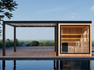 Außensauna THE CUBE X7-R pro von AWT mit moderner Pergola und vollverglanter Frontansicht am Pool – luxuriöses Outdoor-Wellnesskonzept.