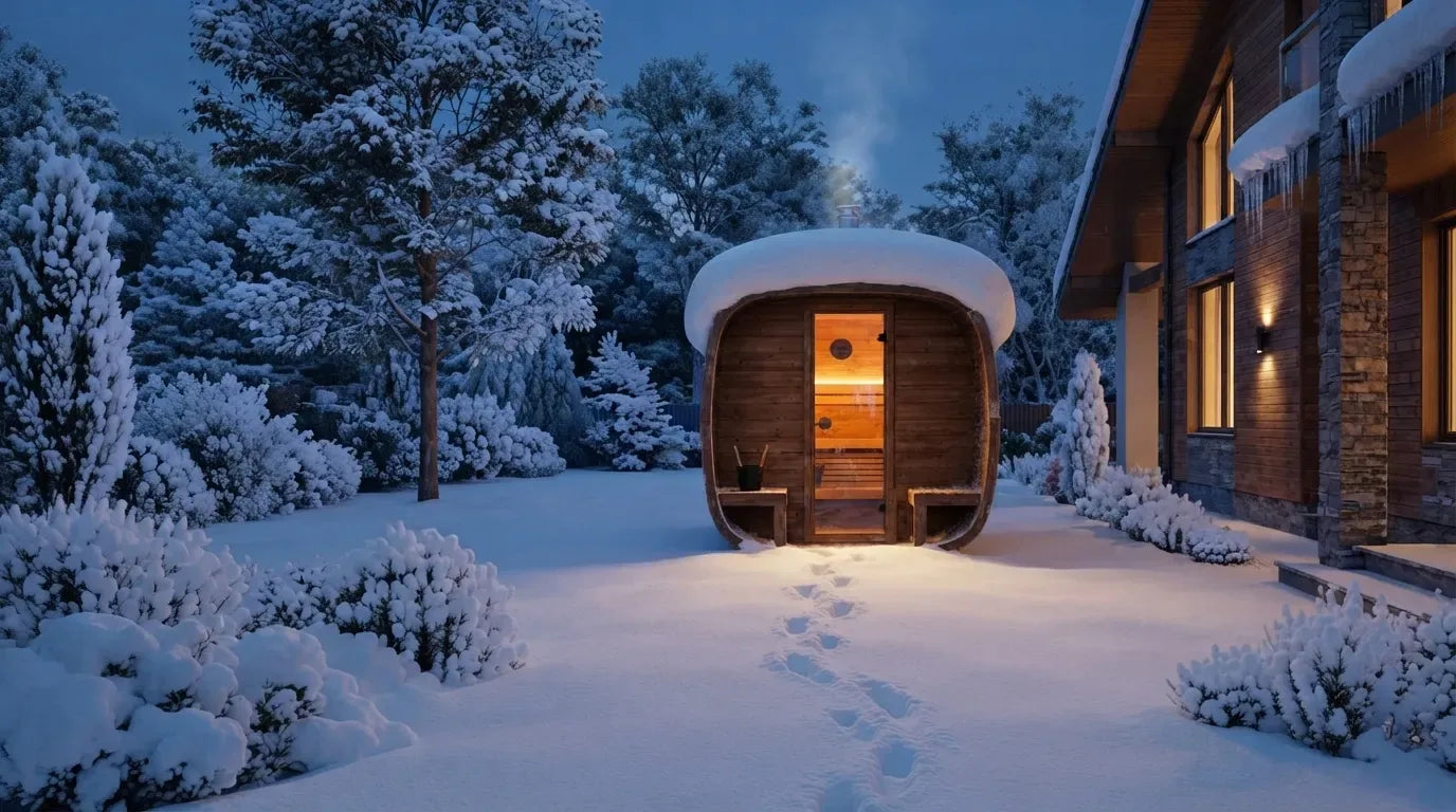 Verschneite Gartensauna im Winter mit beleuchtetem Fenster