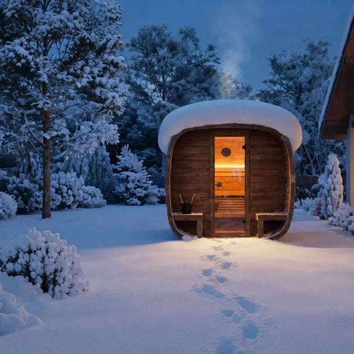 Verschneite Gartensauna im Winter mit beleuchtetem Fenster