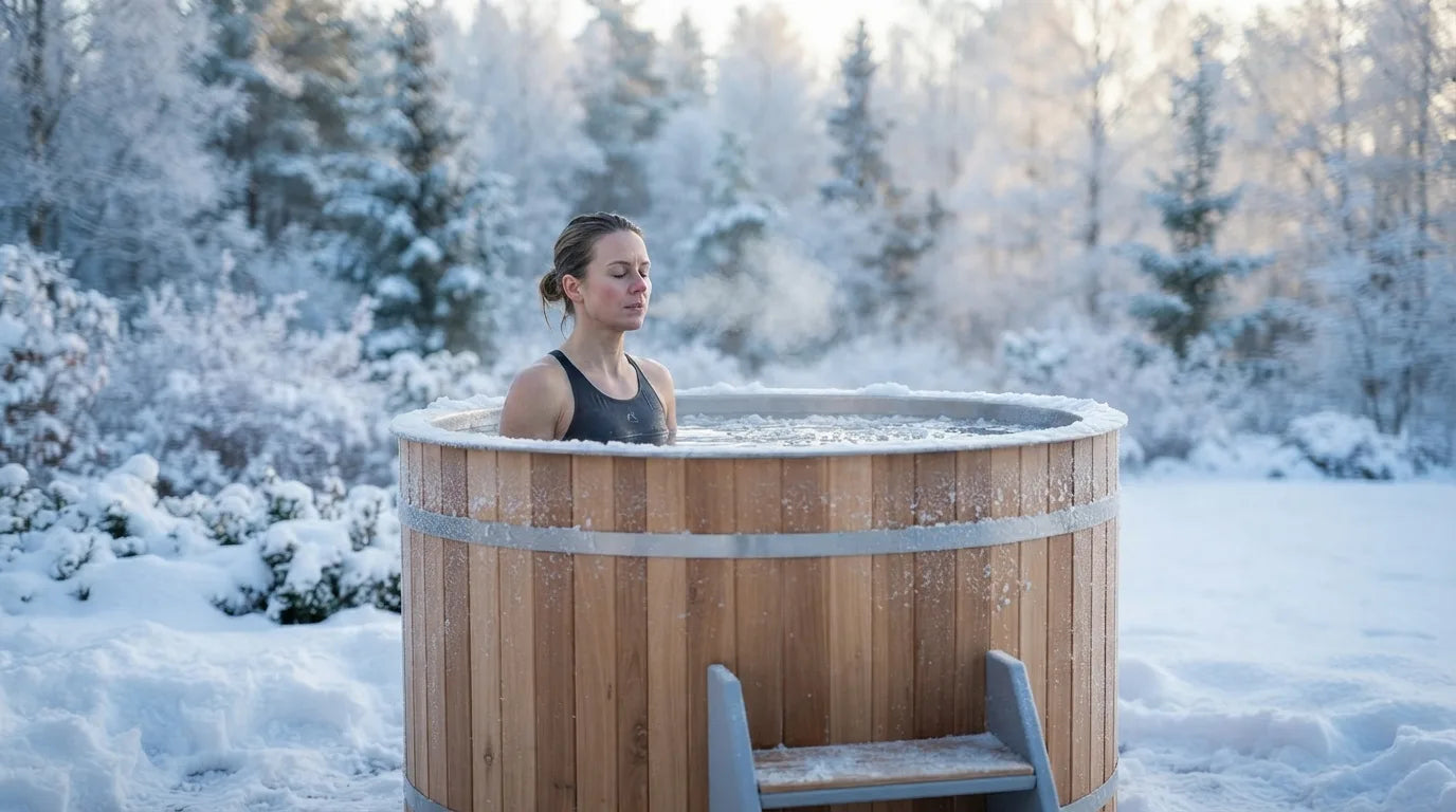 Frau beim Eisbaden in einer Tonne im verschneiten Garten