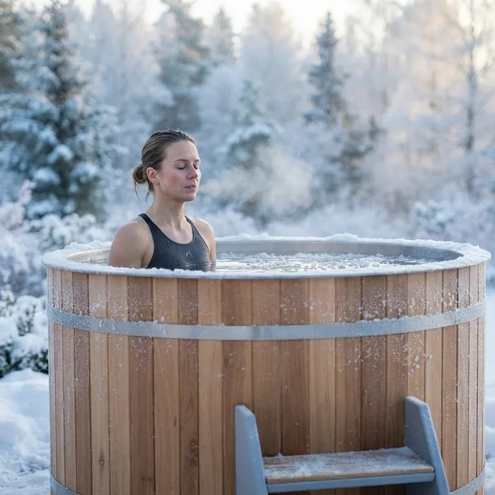 Frau beim Eisbaden in einer Tonne im verschneiten Garten