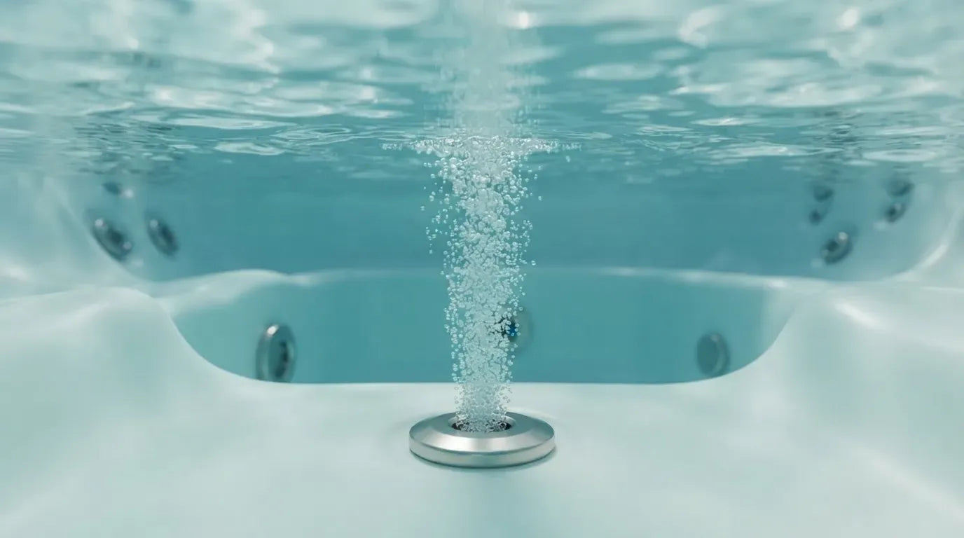 Ozon im Whirlpool gefährlich – Ozonbläschen steigen aus einer Bodendüse im Spa auf