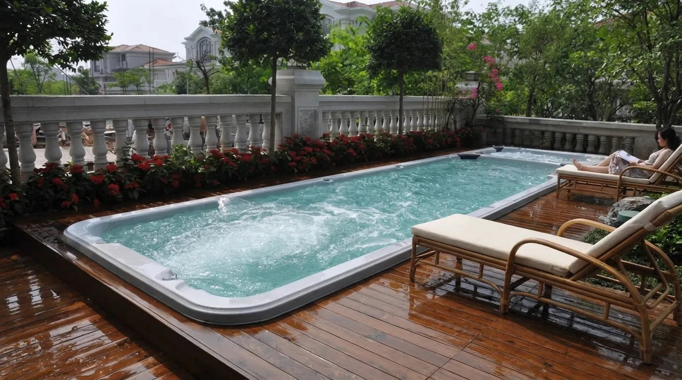 Swim Spa oder Pool im Garten mit Holzterrasse und liegen