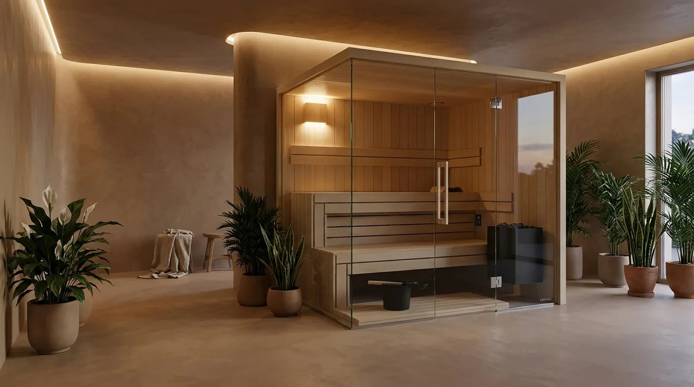 Moderne Heimsauna aus hellem Holz mit Saunaofen und Holzbänken