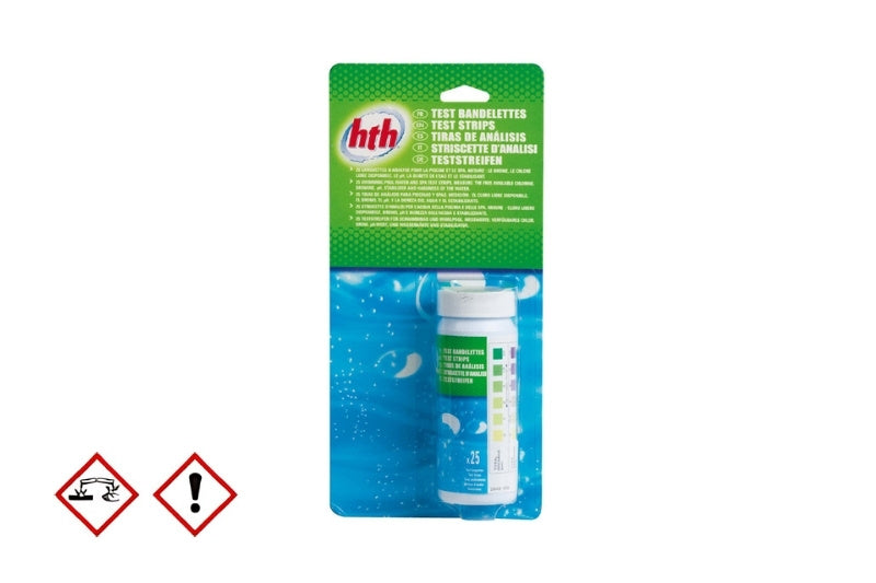 HTH Teststreifen von EAGO zur Wasseranalyse mit grünem Etikett und blauem Behälter, Gefahrstoffkennzeichnung sichtbar