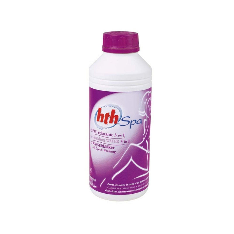 hth Spa Wasserklärer 3 in 1, 1 Liter Flasche mit violettem Etikett für Whirlpool- und Spa-Wasser-Behandlung