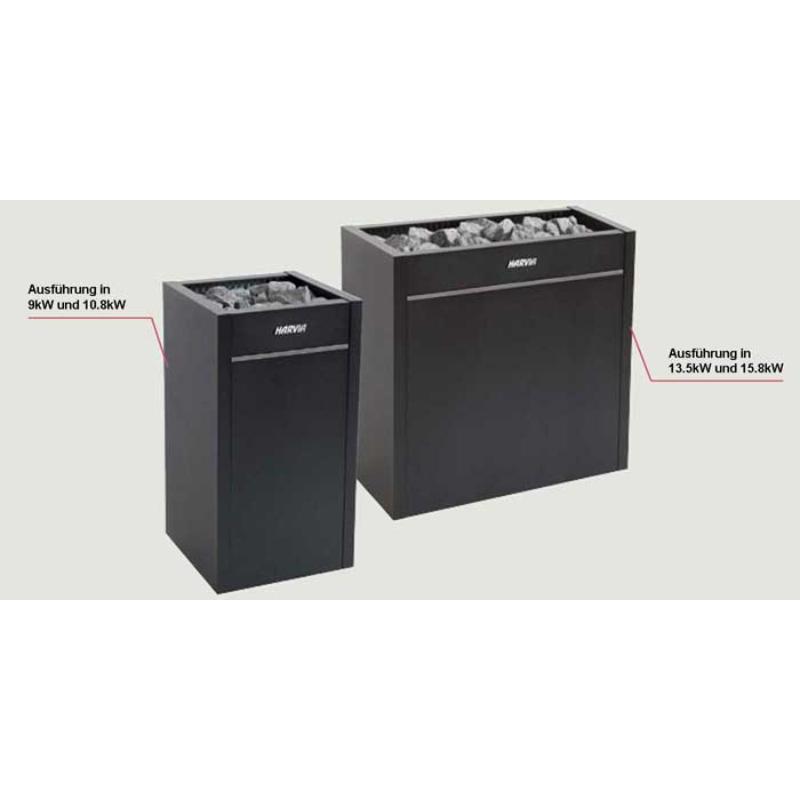 Zwei schwarze Harvia Saunaöfen in unterschiedlichen Größen mit gefülltem Steinfach nebeneinander, links 9-10,8kW, rechts 13,5-15,8kW Ausführung