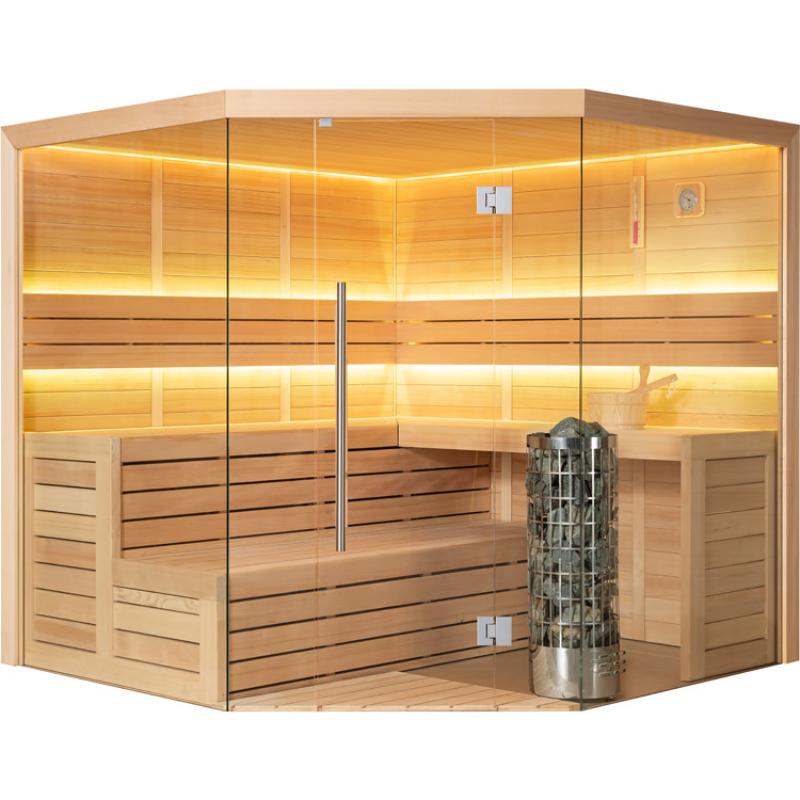 Eckige Holzsauna EAGO AWT E1611A aus Hemlock mit Glastür, Holzbänken, integriertem Saunaofen und warmweißer LED-Beleuchtung für 4+ Personen