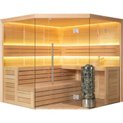 EAGO AWT E1611C Hemlock Sauna mit Glastüren, Holzpritsche und Saunaofen mit Steinen, warm beleuchteter Innenraum