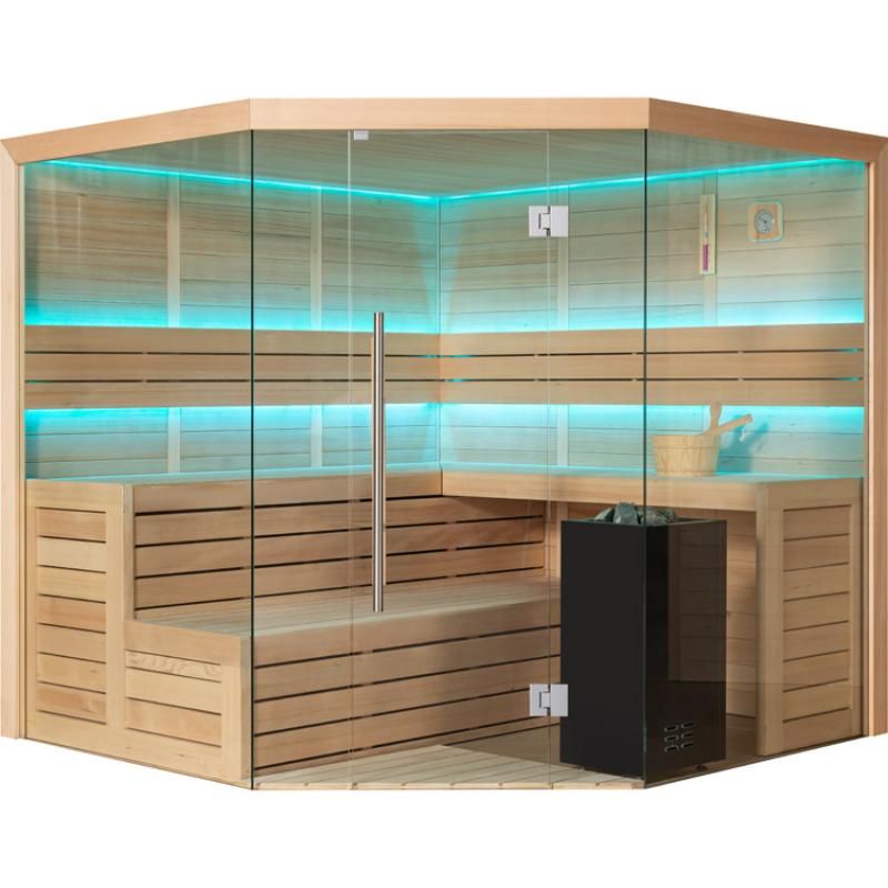 EAGO AWT E1611XL Eckteam-Sauna aus Hemlock-Holz mit türkis leuchtender LED-Beleuchtung, Glastüren und schwarzem Saunaofen für 5-6 Personen.