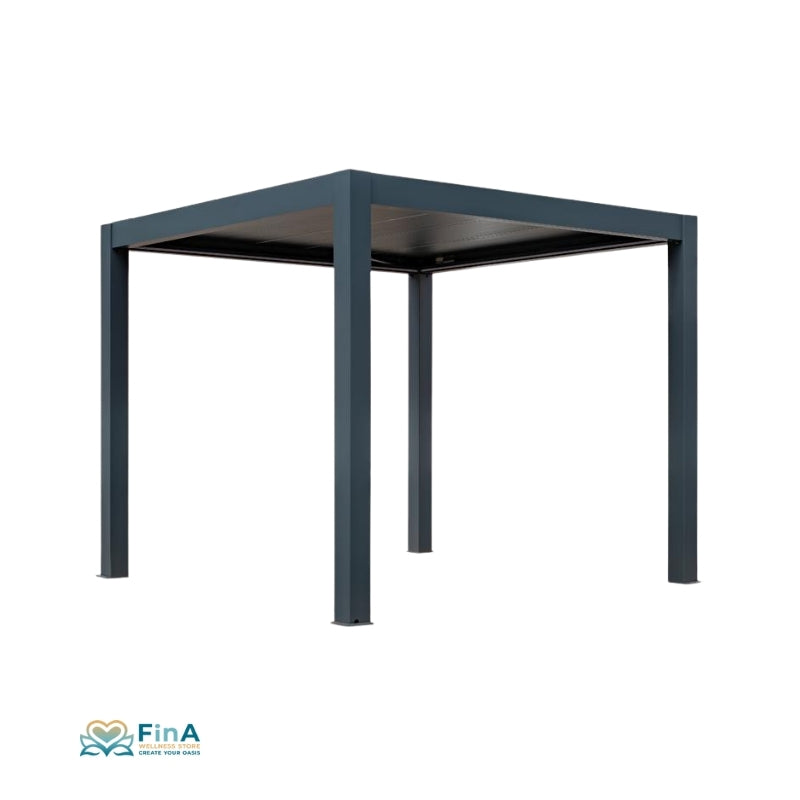 AWT P8 Extreme Pergola von EAGO in Anthrazit mit quadratischem Rahmen und perforiertem Dach, freistehend von vorne