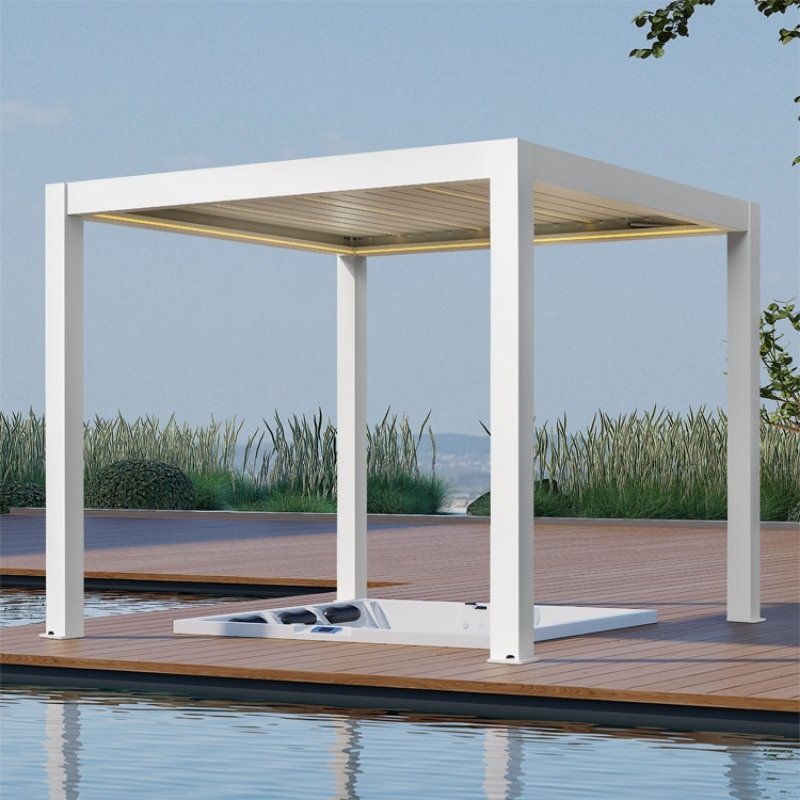 Elektrische Pergola EAGO P8-3A in Weiß mit LED-Licht – stilvolle Überdachung für Whirlpool und Terrasse