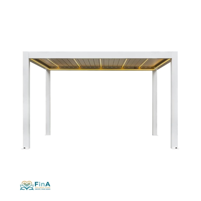 AWT P8 Extreme Pergola von EAGO mit weißem Aluminium-Rahmen und motorisierter Lamellendachfläche in Gold-Optik, freistehend fotografiert