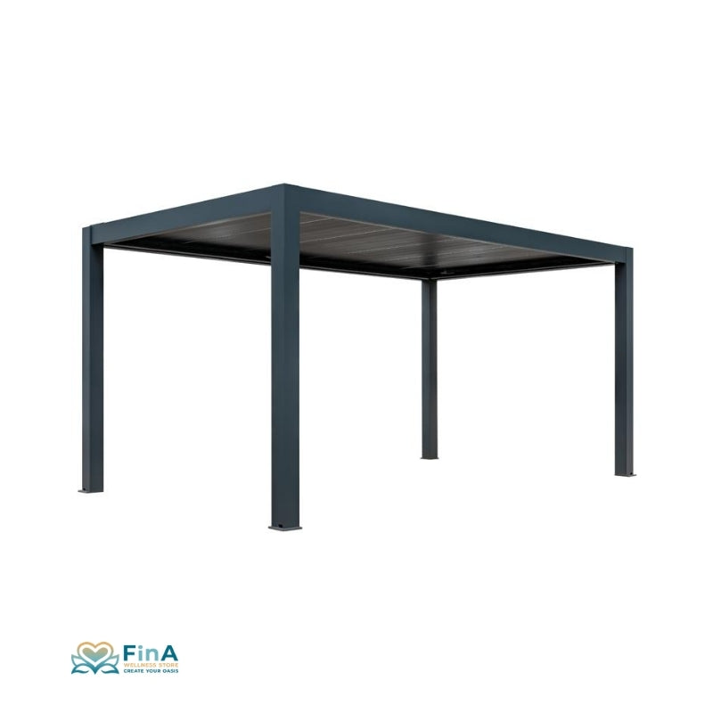 AWT P8 Extreme Pergola von EAGO mit Aluminiumrahmen in Anthrazit und lamelliertem Dach, freistehend vor weißem Hintergrund