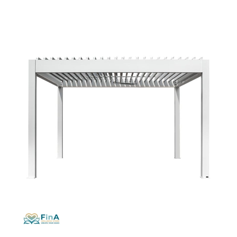 Weiße Aluminium-Pergola AWT P8 Extreme von EAGO mit motorisierter Lamellendachfunktion und modernem Design