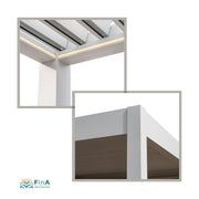 Detailaufnahme EAGO Pergola – Aluminiumprofil, integrierter Wasserablauf und hochwertige Verarbeitung im Fokus
