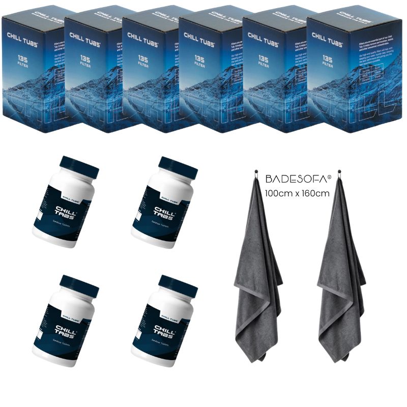 FINA2JAHRE Geschenkset mit sechs Chill Tubs Boxen, vier Flaschen Nahrungsergänzung und zwei BADESOFA Handtücher 100x160 cm