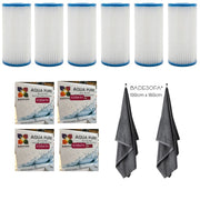 Set bestehend aus sechs Filterpatronen mit blauem Rand, vier Aqua Pure Icebath Wasseraufbereitungsprodukten und zwei dunkelgrauen Badesofa-Handtüchern 100x160cm