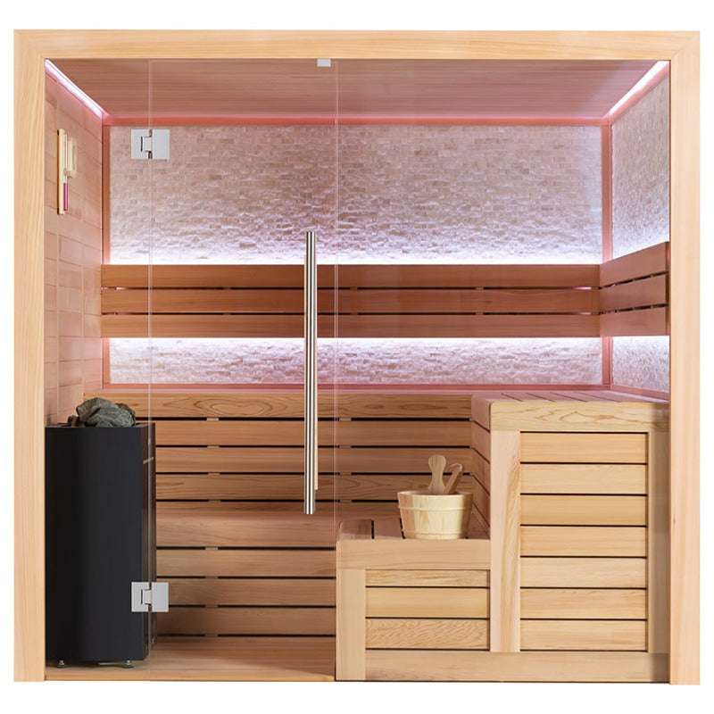 EAGO AWT E1603B Infrarotsauna aus roter Zeder mit LED-Beleuchtung, Glastür, Holzbänken und schwarzem Saunaofen für 4 Personen