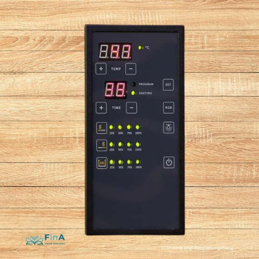 Bedienfeld der Sunlight 90 Infrarotkabine – digitale Steuerung für Temperatur, Zeit, RGB-Farblicht und Heizintensität.