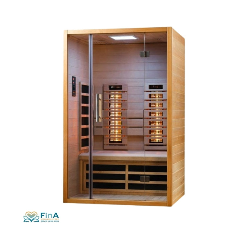 Wellness-Infrarotkabine Sunlight 120 mit Glasfront, LED-Farblicht und ergonomischer Sitzbank – ideal für 1–2 Personen.