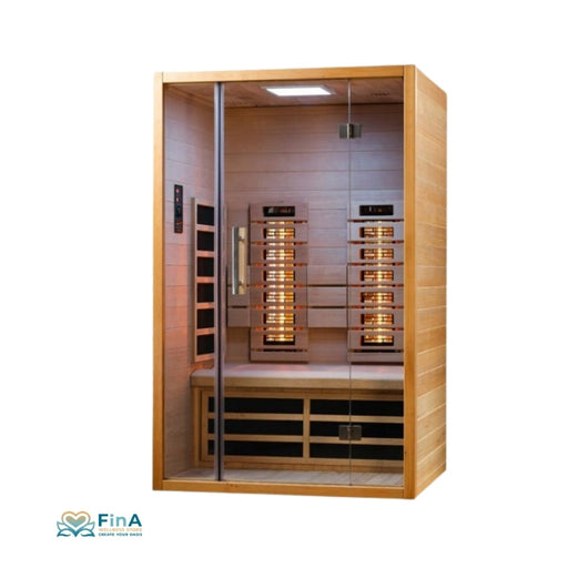 Wellness-Infrarotkabine Sunlight 120 mit Glasfront, LED-Farblicht und ergonomischer Sitzbank – ideal für 1–2 Personen.