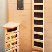 Bedienfeld der Sunlight 90 Infrarotkabine – digitale Steuerung für Temperatur, Zeit, RGB-Farblicht und Heizintensität.