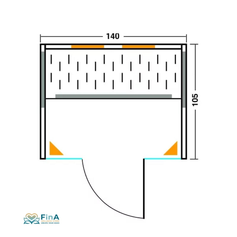 Technische Skizze der Infrarotkabine VITALhome Sunlight 140 – Maße 140x105 cm, optimal für zwei Personen, ideal für platzsparende Wellnesslösungen.