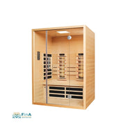 Frontansicht der VITALhome Sunlight 140 Infrarotkabine – moderne Heimsauna aus Holz mit Glastür und ergonomischer Ausstattung für entspannende Infrarotwärme zuhause.